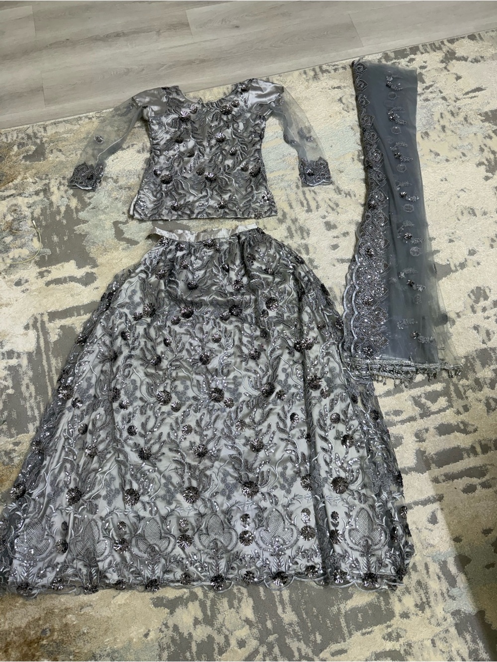 Embellished Grey Lehenga Set with Sheer Dupatta